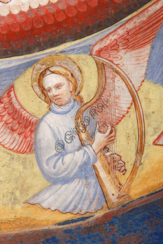 Vignola Stronghold, the Contrari Chapel, Eastern wall: "The Ascension of Christ". Fresco by the Master of Vignola, about 1420. Detail of an angel playing a harp.