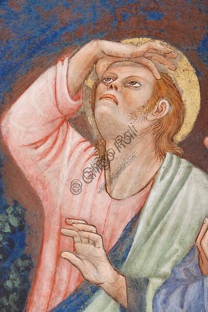 Vignola Stronghold, the Contrari Chapel, Eastern wall: "The Ascension of Christ". Fresco by the Master of Vignola, about 1420. Detail with a saint.