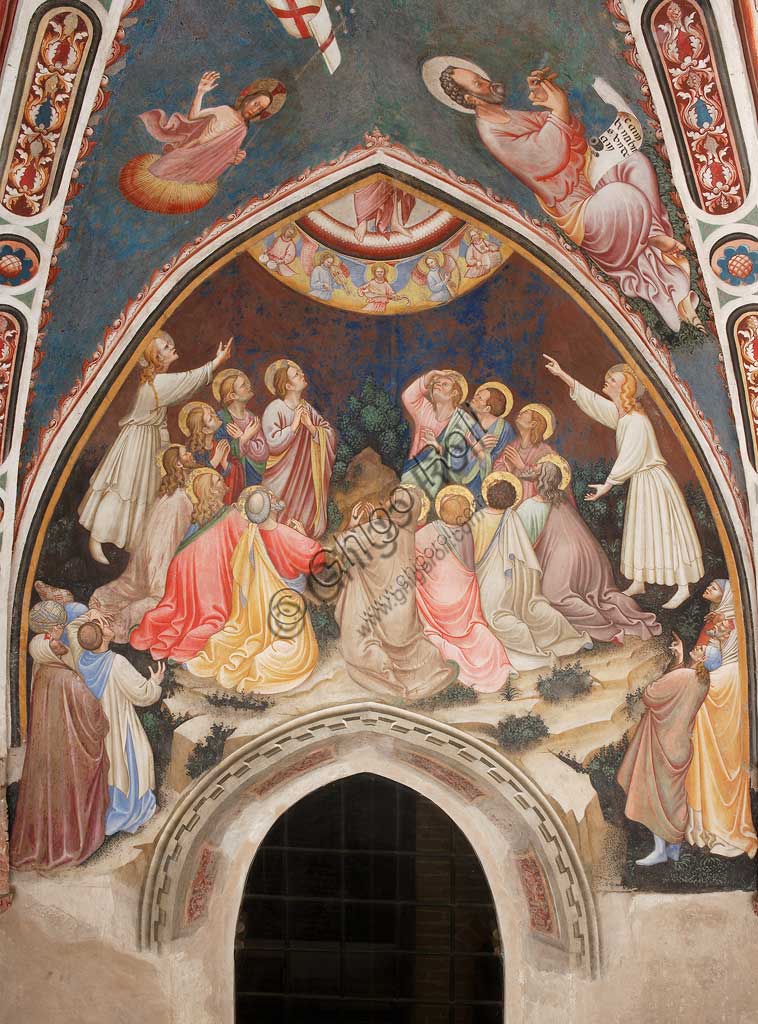 Rocca di Vignola, Cappella Contrari, parete orientale: "Ascensione di Cristo". In alto a sinistra "Cristo risorto", a destra "L'Evangelista Marco". Affresco del Maestro di Vignola, anni Venti del Quattrocento.