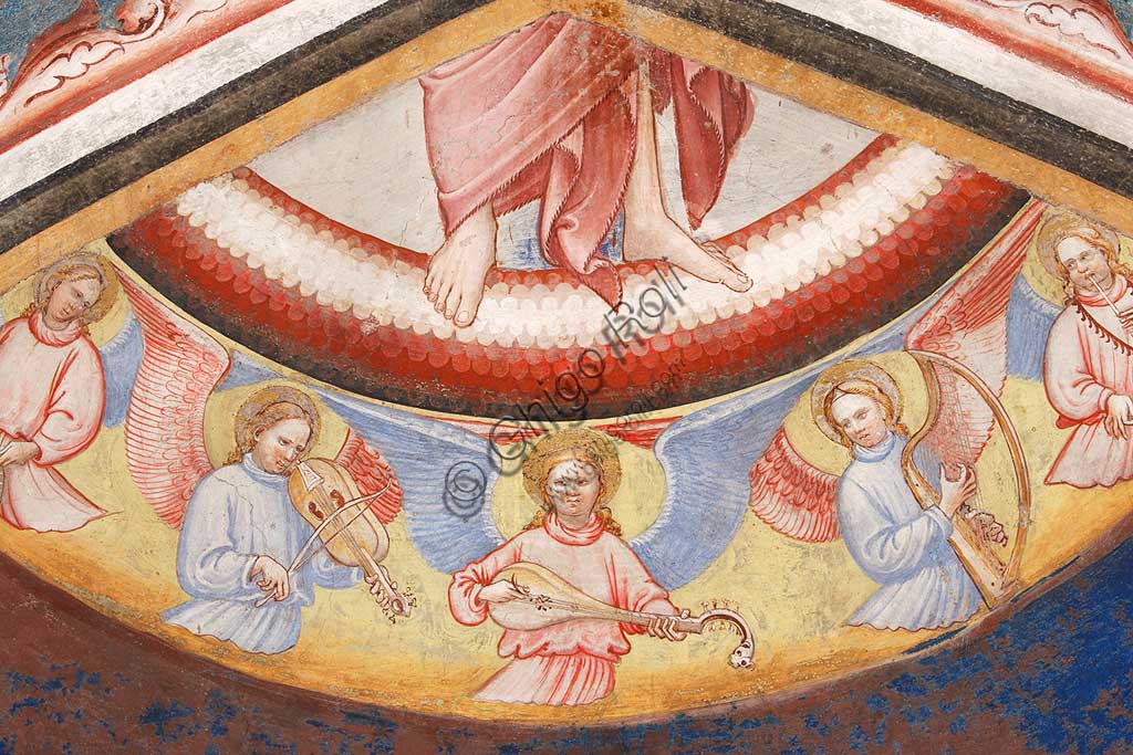 Vignola Stronghold, the Contrari Chapel, Eastern wall: "The Ascension of Christ". Fresco by the Master of Vignola, about 1420. Detail of angels playing different musical insruments.