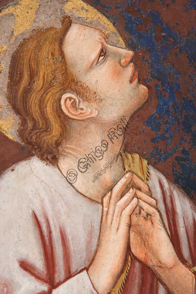 Rocca di Vignola, Cappella Contrari, parete   orientale: "Ascensione di Cristo". Affresco del Maestro di Vignola, anni Venti del Quattrocento. Particolare con santo.