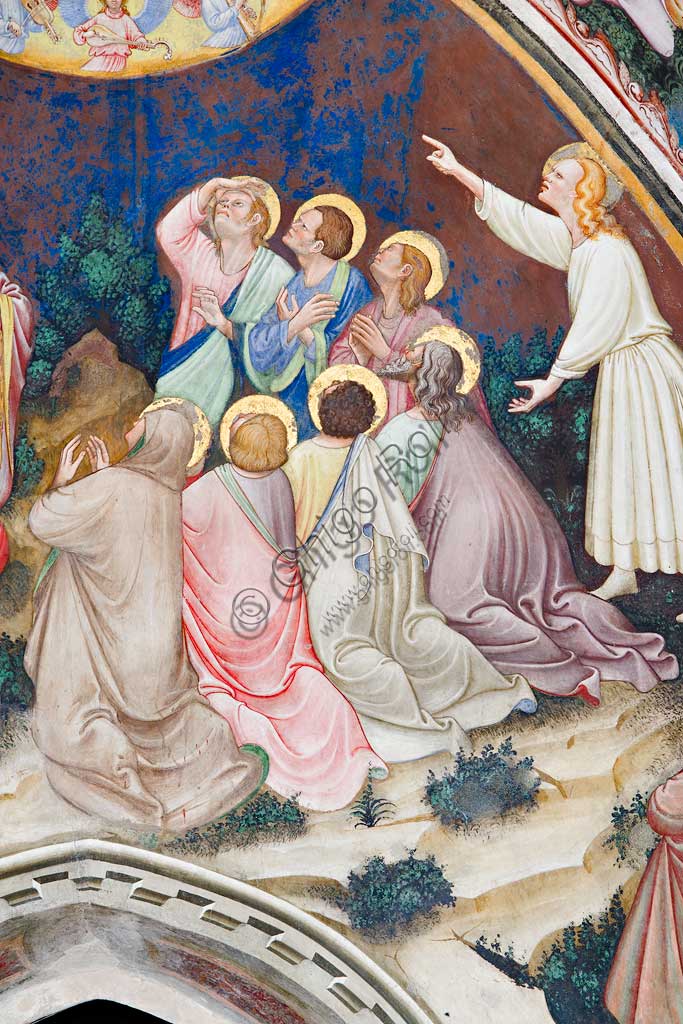 Rocca di Vignola, Cappella Contrari, parete  orientale:"Ascensione di Cristo". Affresco del Maestro di Vignola, anni Venti del Quattrocento. Particolare con figure maschili e santi.