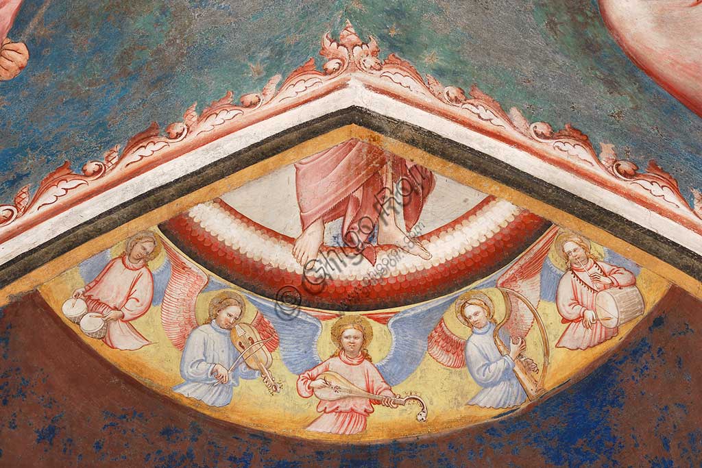 Vignola Stronghold, the Contrari Chapel, Eastern wall: "The Ascension of Christ". Fresco by the Master of Vignola, about 1420. Detail of angels playing different musical insruments.