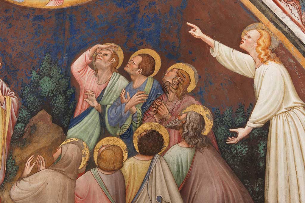 Vignola Stronghold, the Contrari Chapel, Eastern wall: "The Ascension of Christ". Fresco by the Master of Vignola, about 1420. Detail with male figures and saints.