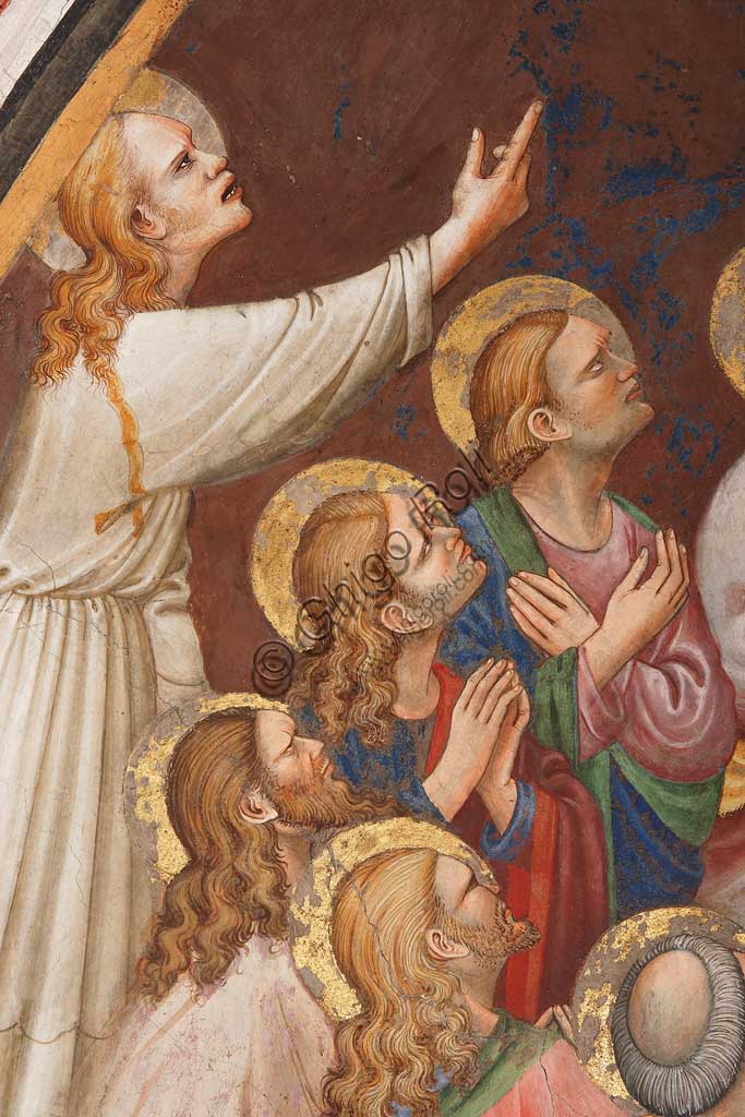 Vignola Stronghold, the Contrari Chapel, Eastern wall: "The Ascension of Christ". Fresco by the Master of Vignola, about 1420. Detail with male figures and saints.