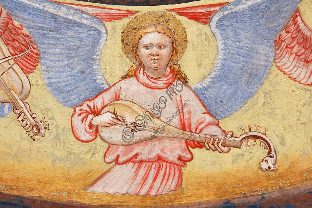 Vignola Stronghold, the Contrari Chapel, Eastern wall: "The Ascension of Christ". Fresco by the Master of Vignola, about 1420. Detail of an angel playing a string instrument.
