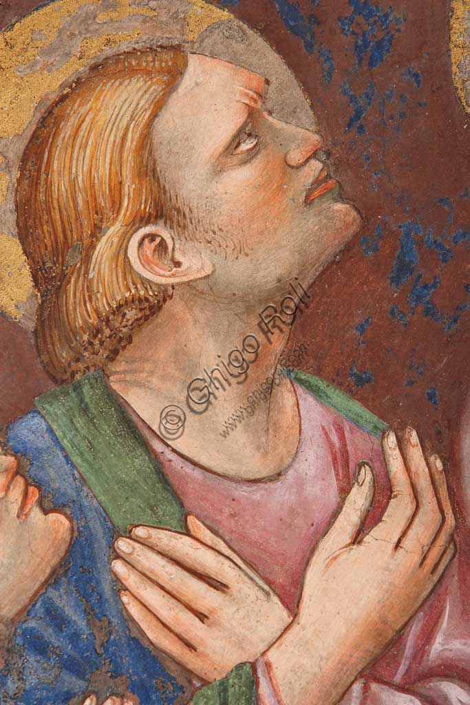 Vignola Stronghold, the Contrari Chapel, Eastern wall: "The Ascension of Christ". Fresco by the Master of Vignola, about 1420. Detail with a saint.