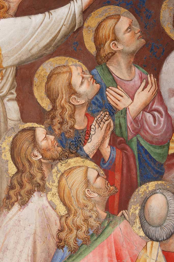 Vignola Stronghold, the Contrari Chapel, Eastern wall: "The Ascension of Christ". Fresco by the Master of Vignola, about 1420. Detail with male figures and saints.