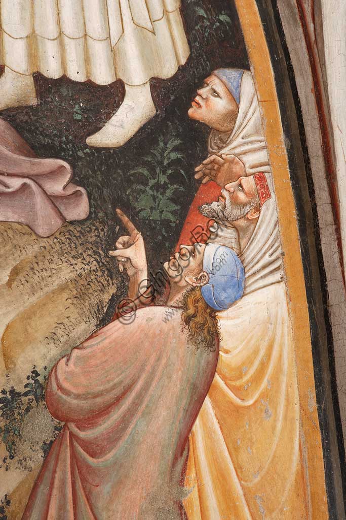 Rocca di Vignola, Cappella Contrari, parete   orientale: "Ascensione di Cristo". Affresco del Maestro di Vignola, anni Venti del Quattrocento.Particolare con figure maschili.