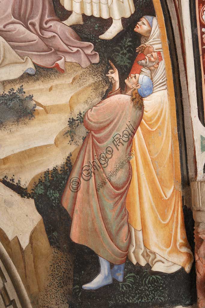 Rocca di Vignola, Cappella Contrari, parete   orientale: "Ascensione di Cristo". Affresco del Maestro di Vignola, anni Venti del Quattrocento.Particolare con figure maschili.