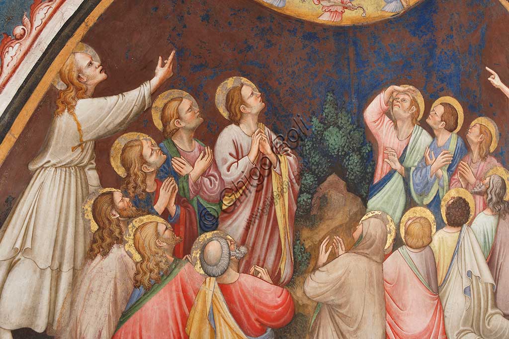 Vignola Stronghold, the Contrari Chapel, Eastern wall: "The Ascension of Christ". Fresco by the Master of Vignola, about 1420. Detail with male figures and saints.