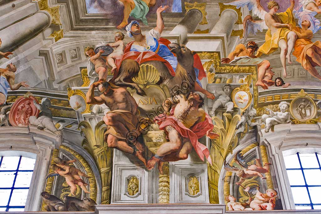Rome, S. Ignazio Church, interior: detail of one of the pendentives of the vault of the nave with allegories of the continents: "Asia", fresco by Andrea Pozzo, 1685.