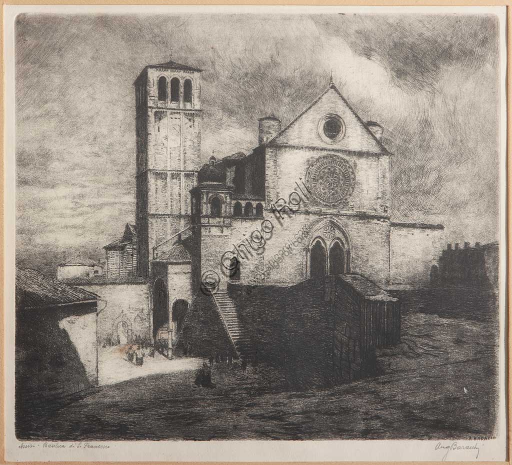 Collezione Assicoop - Unipol: Augusto Baracchi (1878 - 1942), "Assisi, La Basilica di San Francesco"", acquaforte su carta.