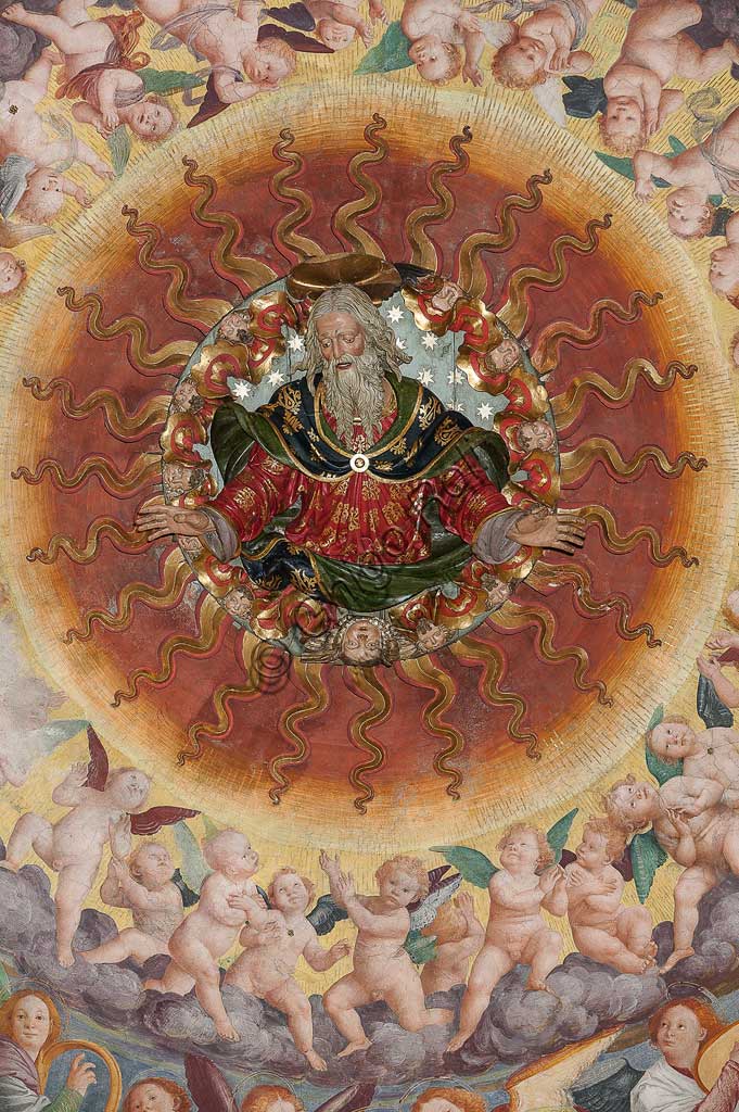 Saronno, Santuario della Beata Vergine dei Miracoli: la cupola del transetto con il grande affresco "Assunzione della Beata Vergine", meglio noto come "Coro di angeli musicanti" vera e propria allegoria del Paradiso, affrescata da Gaudenzio Ferrari a partire dal 1534.A raffigurare il Paradiso è essenzialmente la moltitudine delle presenze angeliche, poste a far da corona al volto di Dio e ad accogliere l'arrivo della Vergine.Particolare.