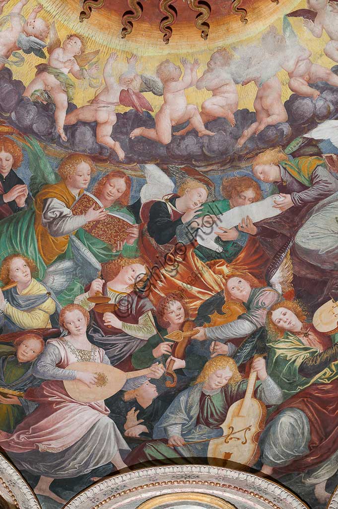 Saronno, Santuario della Beata Vergine dei Miracoli: la cupola del transetto con il grande affresco "Assunzione della Beata Vergine", meglio noto come "Coro di angeli musicanti" vera e propria allegoria del Paradiso, affrescata da Gaudenzio Ferrari a partire dal 1534.A raffigurare il Paradiso è essenzialmente la moltitudine delle presenze angeliche, poste a far da corona al volto di Dio e ad accogliere l'arrivo della Vergine.Gli angeli musicanti  compongono la più variegata orchestra di strumenti a corde ed a fiato ed a percussione che mai sia stata dipinta.Si possono contare ben cinquantasei diversi strumenti musicali, i più riconoscibili come strumenti antichi, altri usciti dalla fantasia dell'artista. Si riconoscono i seguenti strumenti: alpenhorn (corno delle Alpi), altobasso, arpa, bombarda, cimballini o piccoli piatti, cornamusa, cornetto, flauto (dolce e traverso), flauto di Pan o siringa, ghironda, lira, liuto, nyastaranga, organo portativo, ribeca, viella, salterio o cetra, tamburo e tamburello, timpani, triangolo, tromba, viola.Particolare.