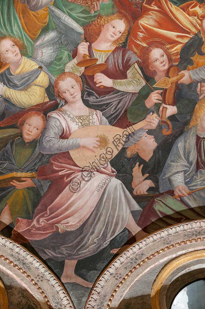 Saronno, Santuario della Beata Vergine dei Miracoli: la cupola del transetto con il grande affresco "Assunzione della Beata Vergine", meglio noto come "Coro di angeli musicanti" vera e propria allegoria del Paradiso, affrescata da Gaudenzio Ferrari a partire dal 1534.A raffigurare il Paradiso è essenzialmente la moltitudine delle presenze angeliche, poste a far da corona al volto di Dio e ad accogliere l'arrivo della Vergine.Gli angeli musicanti  compongono la più variegata orchestra di strumenti a corde ed a fiato ed a percussione che mai sia stata dipinta.Si possono contare ben cinquantasei diversi strumenti musicali, i più riconoscibili come strumenti antichi, altri usciti dalla fantasia dell'artista. Si riconoscono i seguenti strumenti: alpenhorn (corno delle Alpi), altobasso, arpa, bombarda, cimballini o piccoli piatti, cornamusa, cornetto, flauto (dolce e traverso), flauto di Pan o siringa, ghironda, lira, liuto, nyastaranga, organo portativo, ribeca, viella, salterio o cetra, tamburo e tamburello, timpani, triangolo, tromba, viola.Particolare.