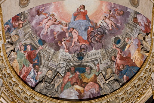 , Genoa, Duomo (St. Lawrence Cathedral), inside, The Lercari Chapel or The Chapel of the Blessed Sacrament (Northern apse),  apse: "Assumption of the Virgin", fresco by Giovanni Battista Castello known as Bergamasco, 1564-7.