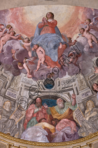 , Genoa, Duomo (St. Lawrence Cathedral), inside, The Lercari Chapel or The Chapel of the Blessed Sacrament (Northern apse),  apse: "Assumption of the Virgin", fresco by Giovanni Battista Castello known as Bergamasco, 1564-7. Detail.