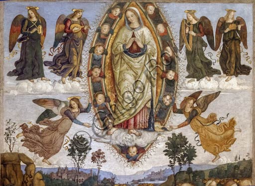 Roma, Basilica di Santa Maria del Popolo, Cappella Basso Della Rovere: "Assunzione della Vergine in mandorla", affresco del Pinturicchio (Bernardino di Betto), 1471 - 84.