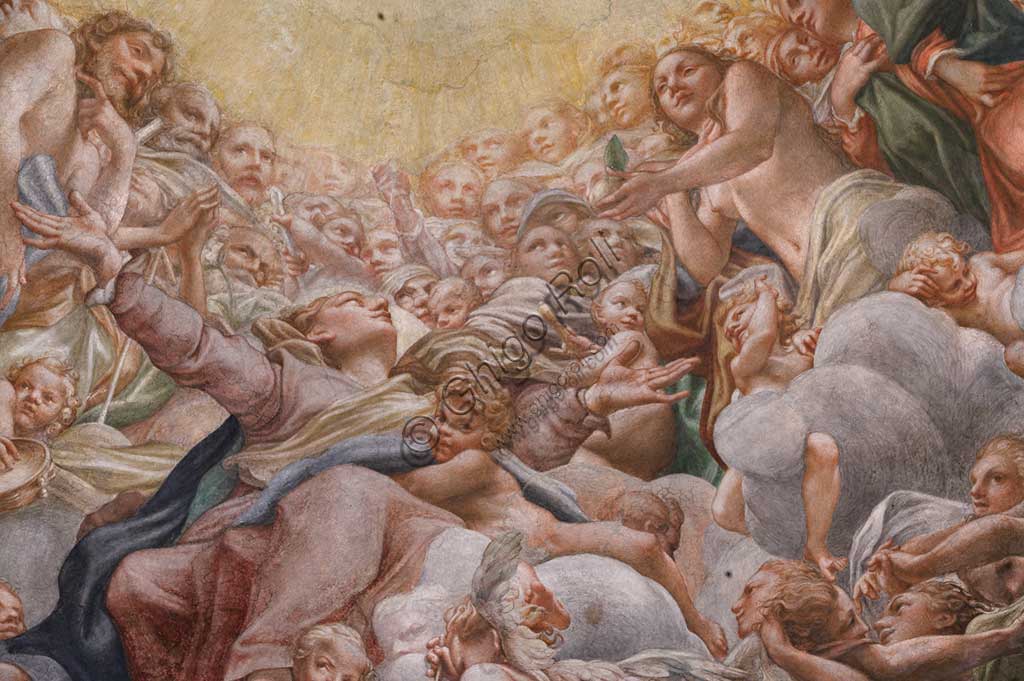 Parma, Duomo (Cattedrale di Santa Maria Assunta), cupola:  "Assunzione della Vergine", affrescata tra il 1526 e il 1530 Antonio Allegri, detto il Correggio. Particolare con la Madonna tra Adamo ed Eva.