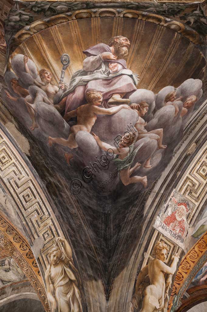 Parma, Duomo (Cattedrale di Santa Maria Assunta), cupola:  "Assunzione della Vergine", affrescata tra il 1526 e il 1530 Antonio Allegri, detto il Correggio. Particolare di pennacchio con San Bernardo.