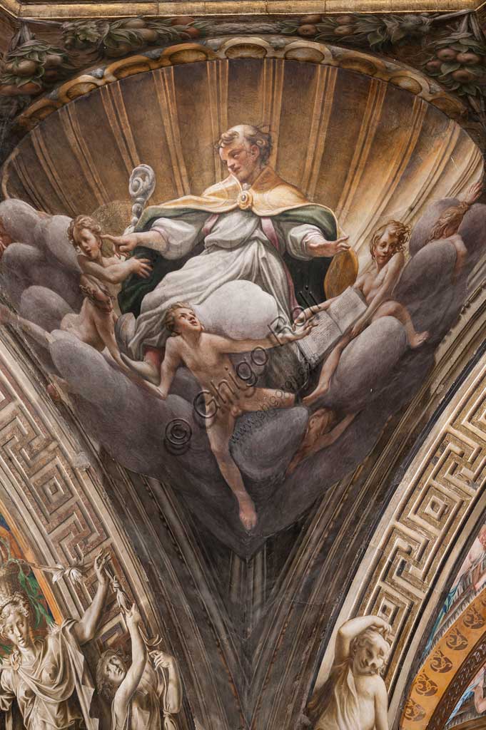 Parma, Duomo (Cattedrale di Santa Maria Assunta), cupola:  "Assunzione della Vergine", affrescata tra il 1526 e il 1530 Antonio Allegri, detto il Correggio. Particolare di pennacchio con Sant'Ilario.