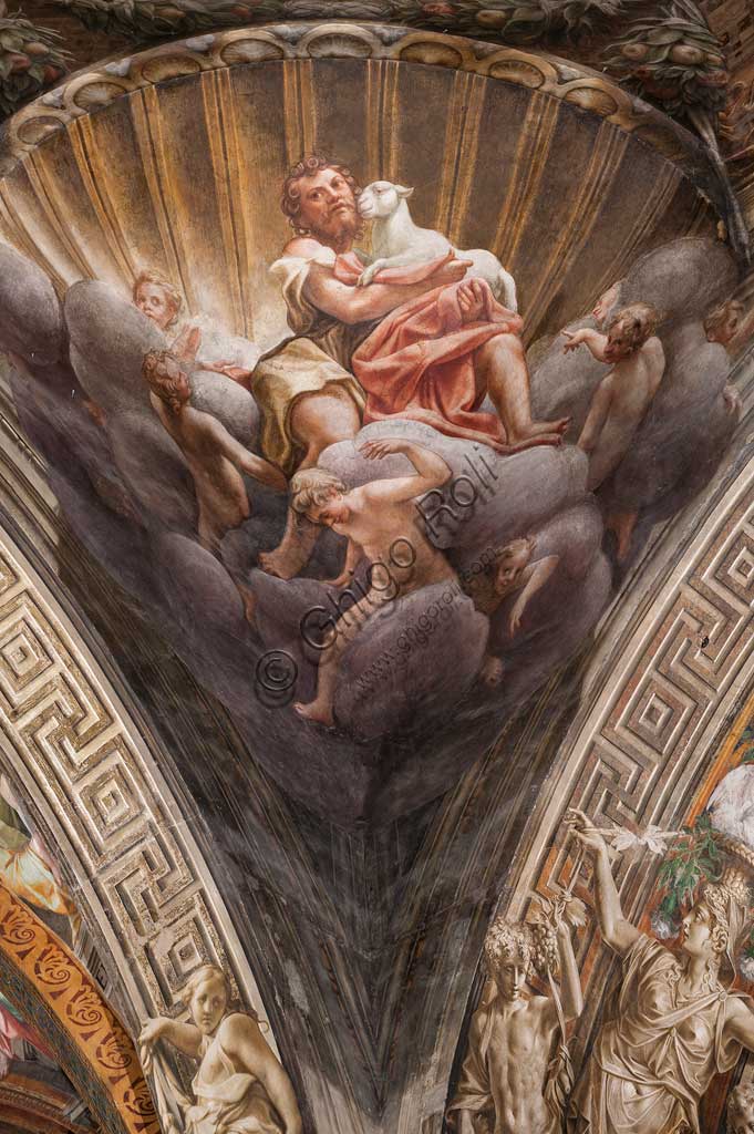Parma, Duomo (Cattedrale di Santa Maria Assunta), cupola:  "Assunzione della Vergine", affrescata tra il 1526 e il 1530 Antonio Allegri, detto il Correggio. Particolare di pennacchio con San Giovanni Battista.