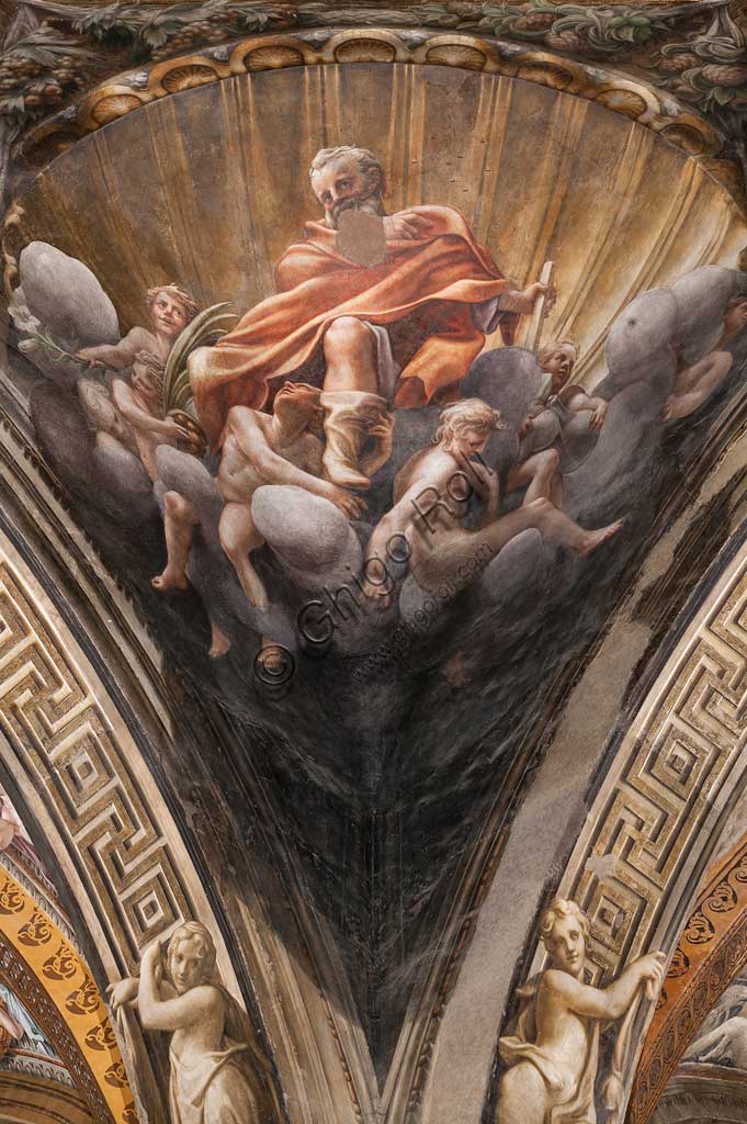 Parma, Duomo (Cattedrale di Santa Maria Assunta), cupola:  "Assunzione della Vergine", affrescata tra il 1526 e il 1530 Antonio Allegri, detto il Correggio. Particolare di pennacchio con San Tommaso.