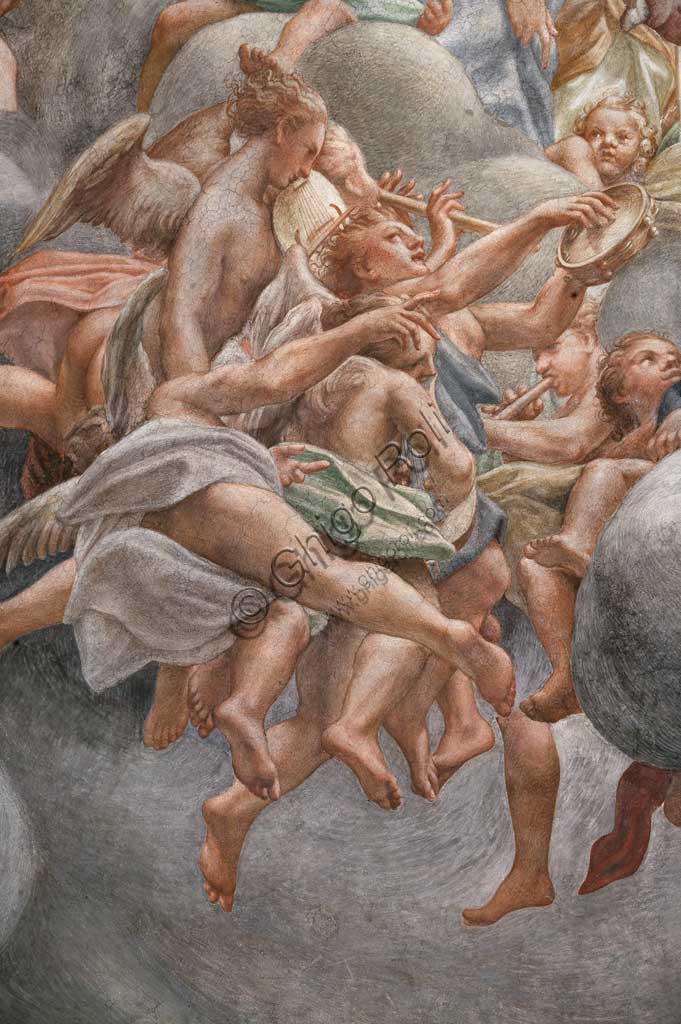 Parma, Duomo (the Cathedral of St. Maria Assunta), the dome: "The Assumption of the Virgin", frescoed by Antonio Allegri, known as Correggio (1526 - 1530). Detail with angles playing musical instruments.