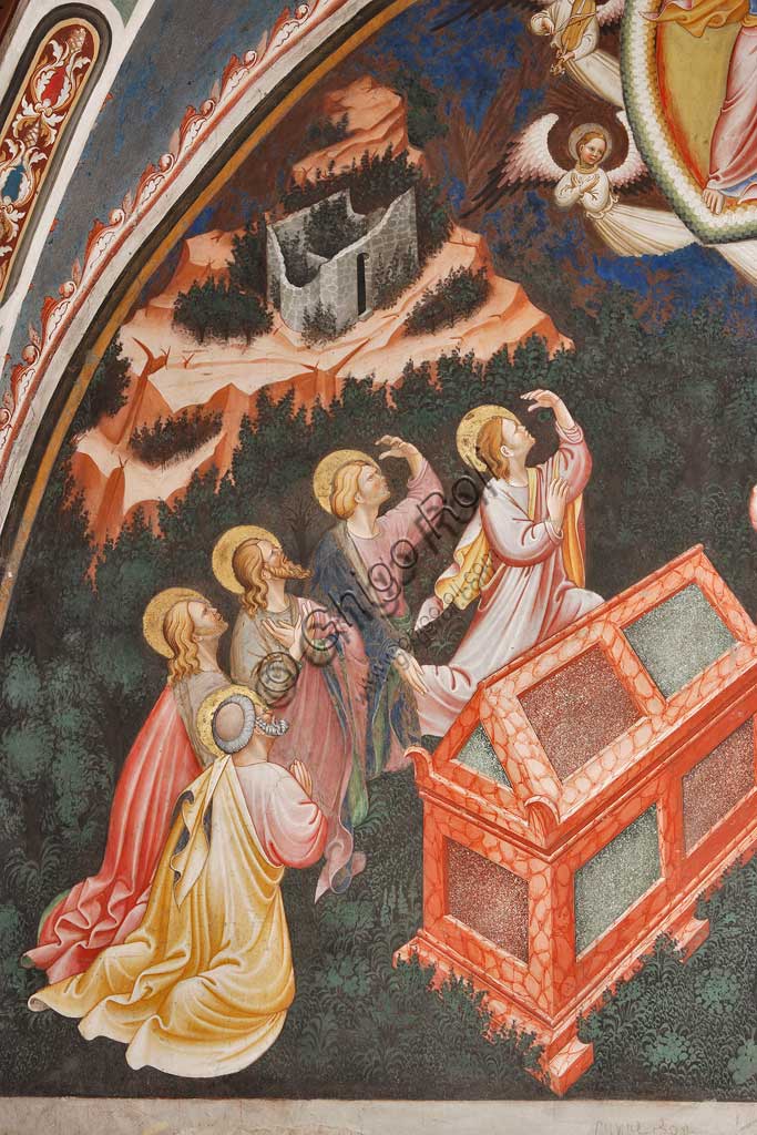 Rocca di Vignola, Cappella Contrari, parete meridionale: "Assunzione della Vergine " e "Consegna del cingolo a Tommaso", affresco del Maestro di Vignola, anni Venti del Quattrocento. Particolare con apostoli.