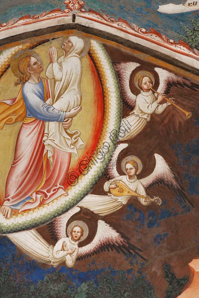 Vignola Stronghold, the Contrari Chapel, Southern wall: "Assumption of the Virgin" and "the Virgin Mary dropping the girdle or Holy Belt to St. Thomas ", fresco by the Master of Vignola, about 1420. Detail of Christ carrying the Virgin Mary to the sky and angels playing music.