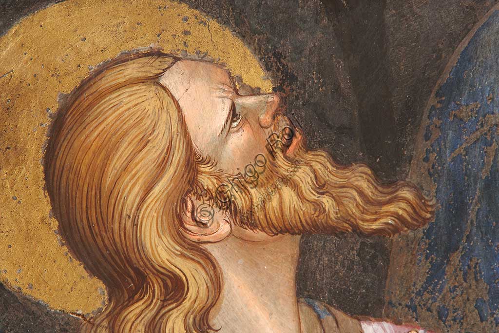 Rocca di Vignola, Cappella Contrari, parete meridionale: "Assunzione della Vergine " e "Consegna del cingolo a Tommaso", affresco del Maestro di Vignola, anni Venti del Quattrocento. Particolare con apostolo.