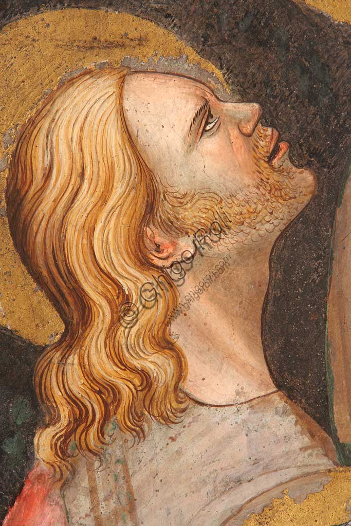 Rocca di Vignola, Cappella Contrari, parete meridionale: "Assunzione della Vergine " e "Consegna del cingolo a Tommaso", affresco del Maestro di Vignola, anni Venti del Quattrocento. Particolare con apostolo.