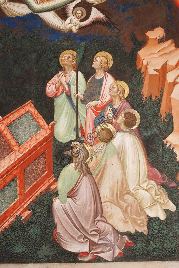 Rocca di Vignola, Cappella Contrari, parete meridionale: "Assunzione della Vergine " e "Consegna del cingolo a Tommaso", affresco del Maestro di Vignola, anni Venti del Quattrocento. Particolare con apostoli.