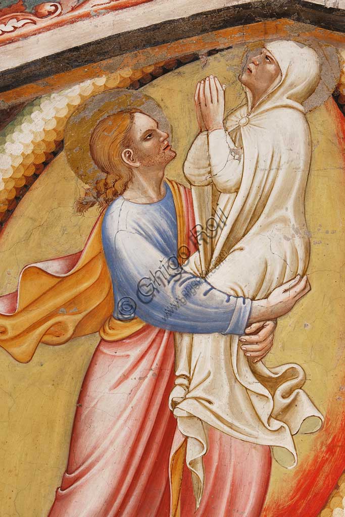 Rocca di Vignola, Cappella Contrari, parete meridionale: "Assunzione della Vergine " e "Consegna del cingolo a Tommaso", affresco del Maestro di Vignola, anni Venti del Quattrocento. Particolare con Cristo che trasporta in cielo la Vergine Maria.