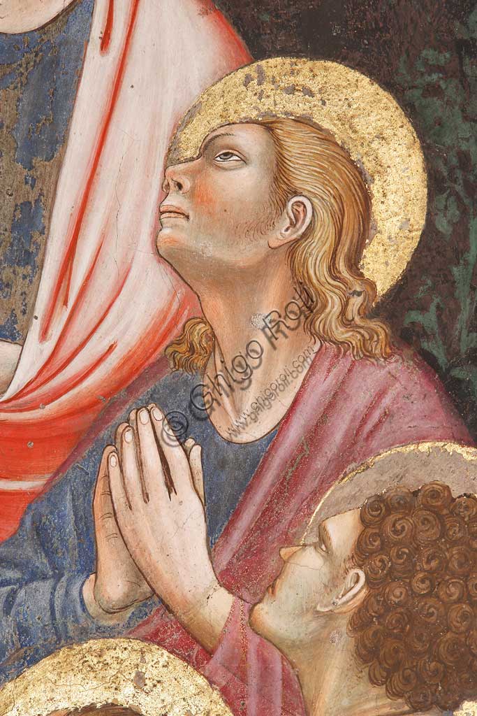 Rocca di Vignola, Cappella Contrari, parete meridionale: "Assunzione della Vergine " e "Consegna del cingolo a Tommaso", affresco del Maestro di Vignola, anni Venti del Quattrocento. Particolare con apostolo.