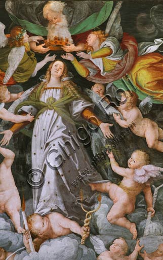   Vercelli, Church of St. Christopher, Chapel of the blessed Virgin or of the Assunta: detail of "Assumption of the Virgin." Fresco by Gaudenzio Ferrari, 1529 - 1534.