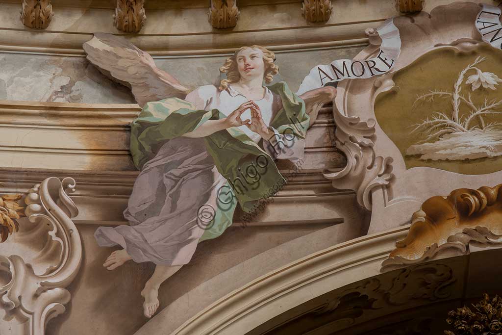 Sanctuary of Vicoforte: view of the dome with "The Assumption of Mary". Between allegorical scenes (the cardinal Virtues, the Doctors of the Church and adoring angels), the Apostles are present to the glorification of Mary. Cloud and chiaroscuro effects as "trompe l'oeil" create illusionistic effects.Frescoes by Mattia Bortoloni, Felice Biella and Giuseppe Galli Bibiena, 1745-1748.Detail of an angel.Piemonte - Piedmont, Vicoforte (CN), Santuario di Vicoforte: