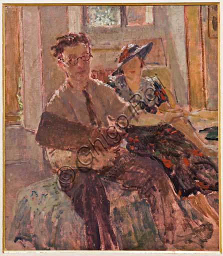 Collezione Assicoop Unipol:  Giovanni Forghieri (1898 - 1944), "Autoritratto con signora", olio su tela, cm 84 x 63.