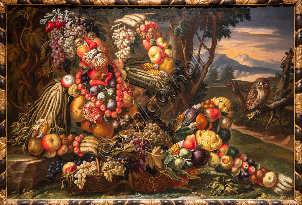 Brescia, Pinacoteca Tosio Martinengo: "Autumn", oil on canvas by Antonio Rasio inspired by the Metamorphoses by Ovid. The fanciful composition of seasonal fruits and flowers is as seen in paintings by Arcimboldo.
