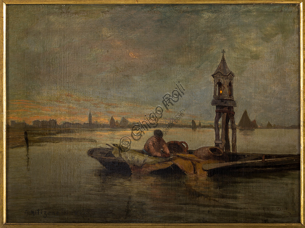 Collezione Assicoop - Unipol: Giuseppe Miti Zanetti: "Ave Maria (una sera a Sottomarina)". Olio su tela, cm 37 x 50.