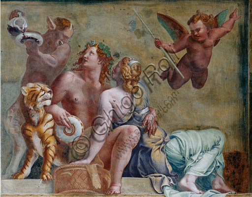  Mantua, Palazzo Te (Gonzaga's summer residence), Sala di Amore e Psiche (Chamber of Cupid and Psyche): west wall. Detail with Bacchus (Dionysos) and Ariadne. Frescoes by Giulio Romano (1526 - 1528) who got his inspiration from Apuleius' Metamorphoses.