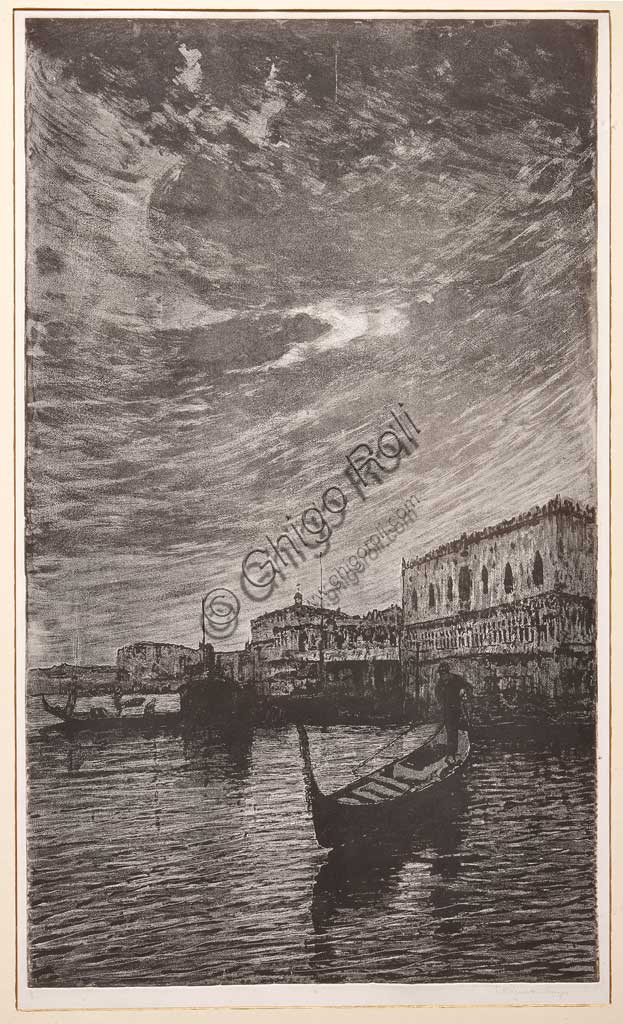 Collezione Assicoop - Unipol: "Bacino di San Marco", acquaforte su carta bianca, di Giuseppe Miti Zanetti (1859 - 1929).