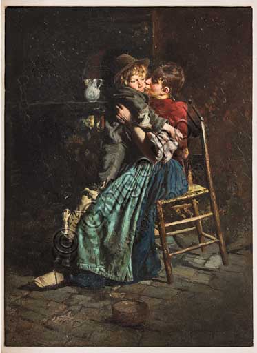 Assicoop - Unipol Collection: Arnaldo Ferraguti (Ferrara 1862-1925); "A Mother's Kiss" ,Oil painting on canvas, 45 x 32,5.
