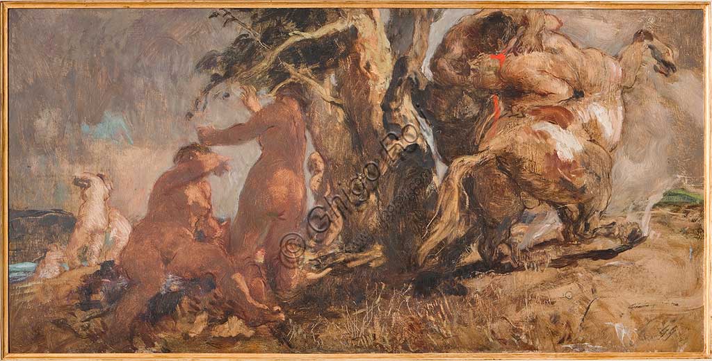   Assicoop - Unipol Collection: Giuseppe Graziosi (1879-1942), "The Bathers and a Centaur ", oil on plywood; cm 50 x 100.