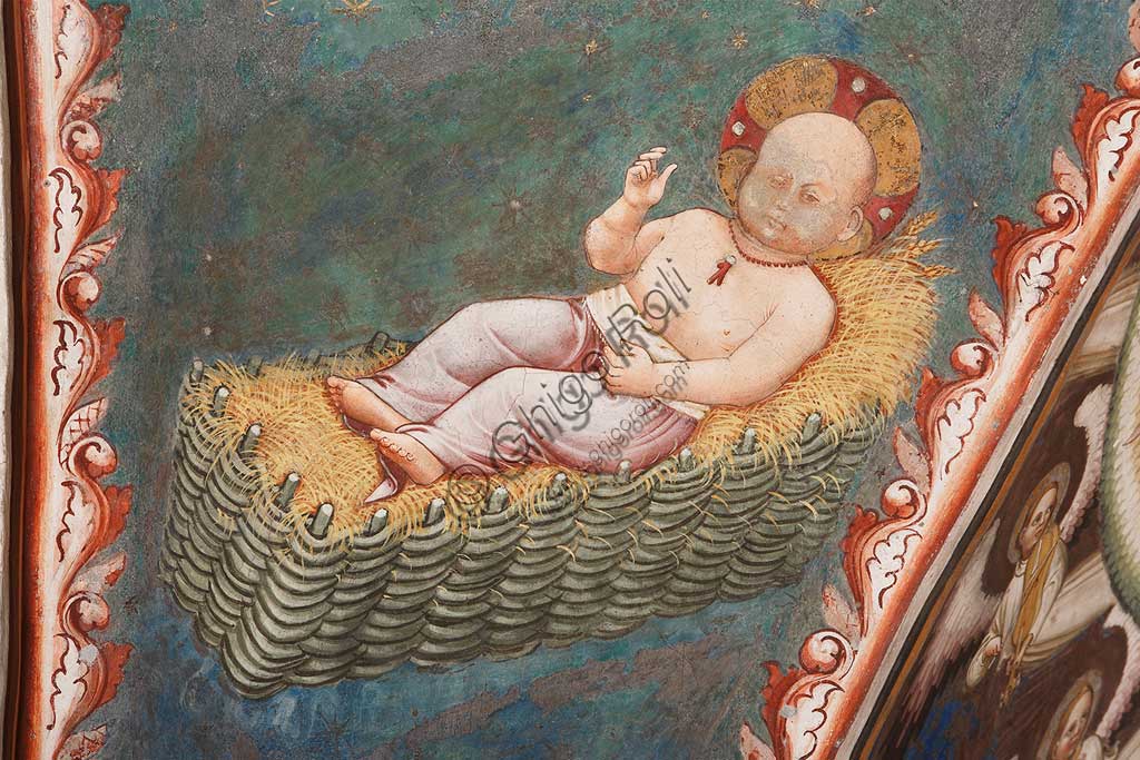 Vignola Stronghold, the Contrari Chapel, Southern wall: "Blessing Infant Jesus in the manger": The red coral necklace is supposed to protect the newborn from any danger. Fresco by the Master of Vignola, about 1420.