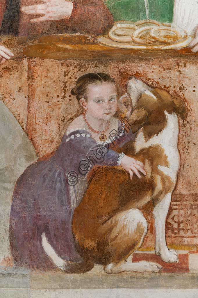 Caldogno, Villa Caldogno, salone:  "Il banchetto". Affresco di Giovanni Antonio Fasolo, ca. 1570. Particolare con bambina e cane.