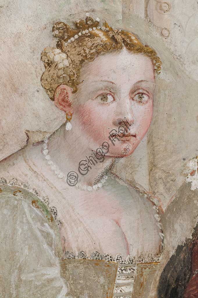 Caldogno, Villa Caldogno, salone:  "Il banchetto". Affresco di Giovanni Antonio Fasolo, ca. 1570. Particolare con dama di corte.
