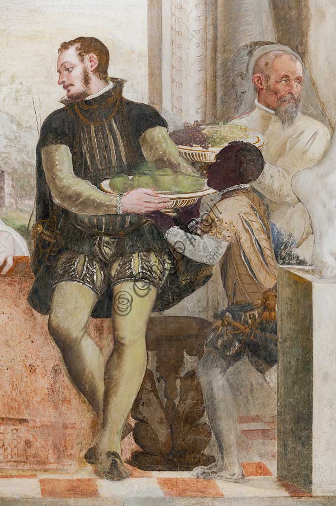 Caldogno, Villa Caldogno, salone:  "Il banchetto". Affresco di Giovanni Antonio Fasolo, ca. 1570. Particolare con cavaliere e servo di colore.