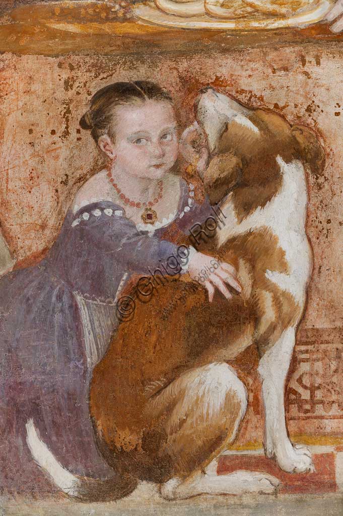 Caldogno, Villa Caldogno, salone:  "Il banchetto". Affresco di Giovanni Antonio Fasolo, ca. 1570. Particolare con bambina e cane.